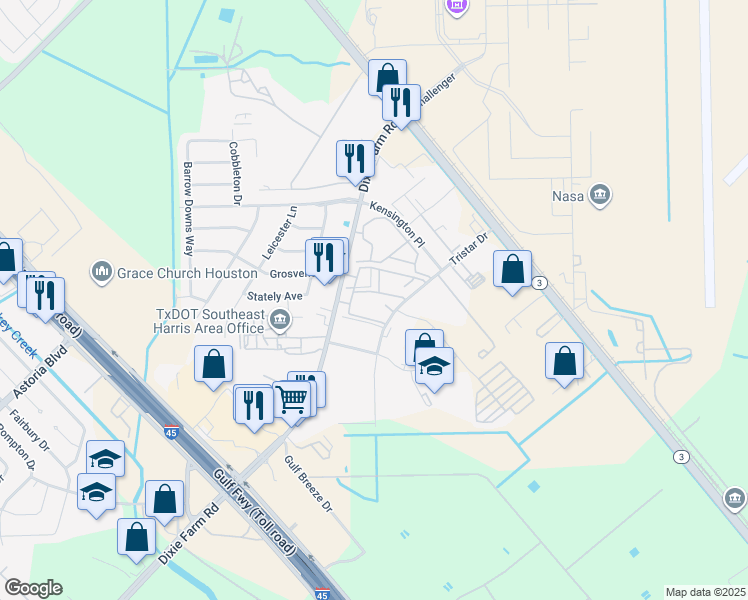 map of restaurants, bars, coffee shops, grocery stores, and more near 725 Farm to Market Road 1959 in Houston