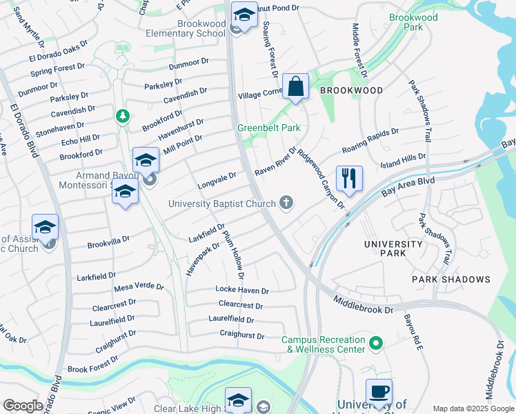 map of restaurants, bars, coffee shops, grocery stores, and more near 16443 Larkfield Drive in Houston