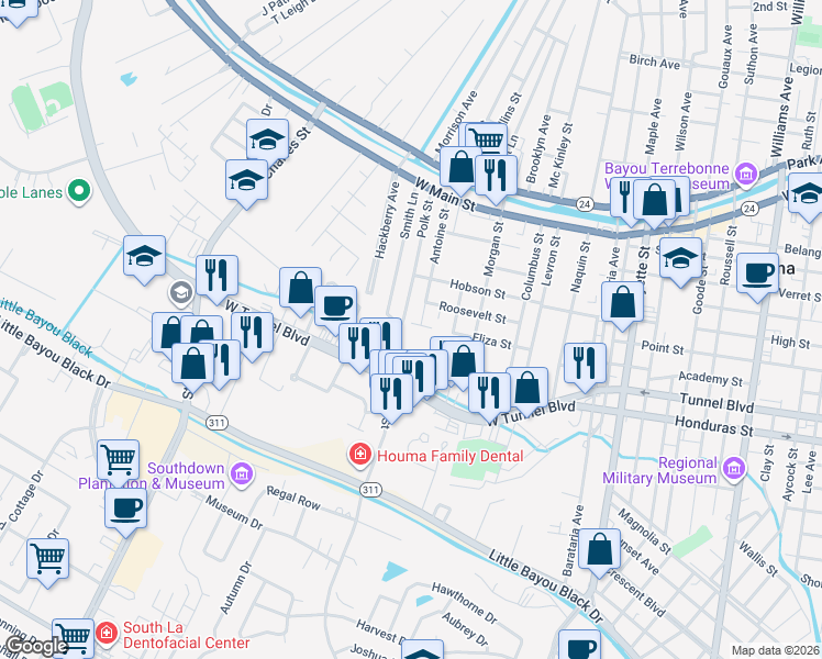 map of restaurants, bars, coffee shops, grocery stores, and more near 713 Eliza Street in Houma