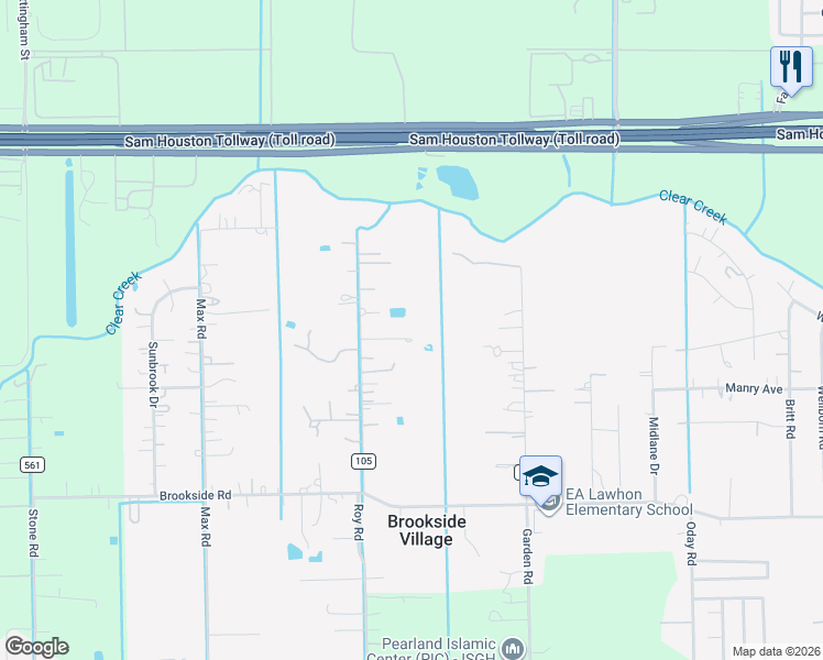map of restaurants, bars, coffee shops, grocery stores, and more near 12413 Roy Road in Pearland