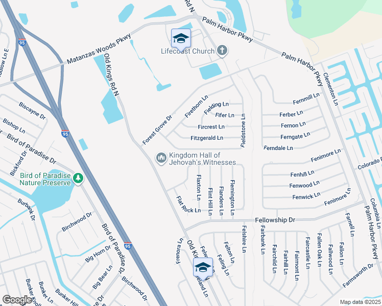 map of restaurants, bars, coffee shops, grocery stores, and more near 87 Fieldstone Lane in Palm Coast