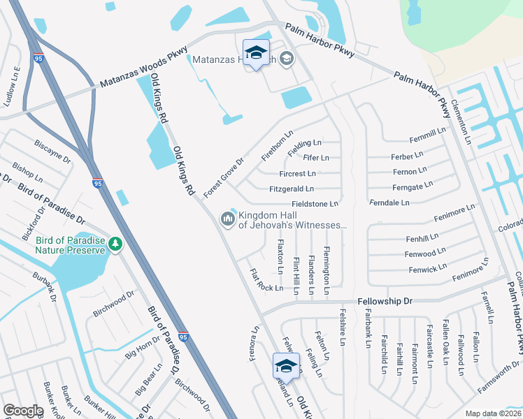 map of restaurants, bars, coffee shops, grocery stores, and more near 87 Fieldstone Lane in Palm Coast
