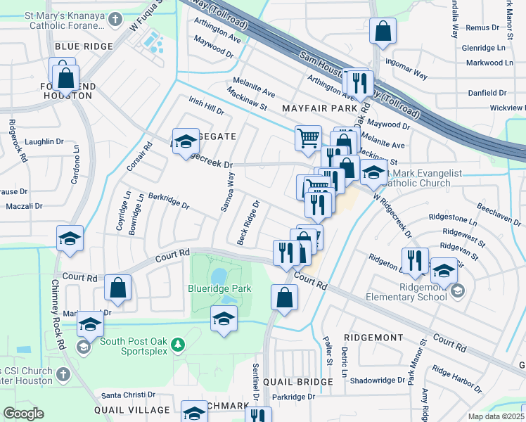 map of restaurants, bars, coffee shops, grocery stores, and more near 16107 Beck Ridge Drive in Houston