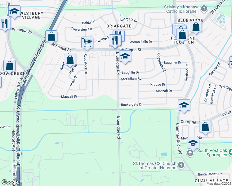 map of restaurants, bars, coffee shops, grocery stores, and more near 15934 Blueridge Road in Missouri City