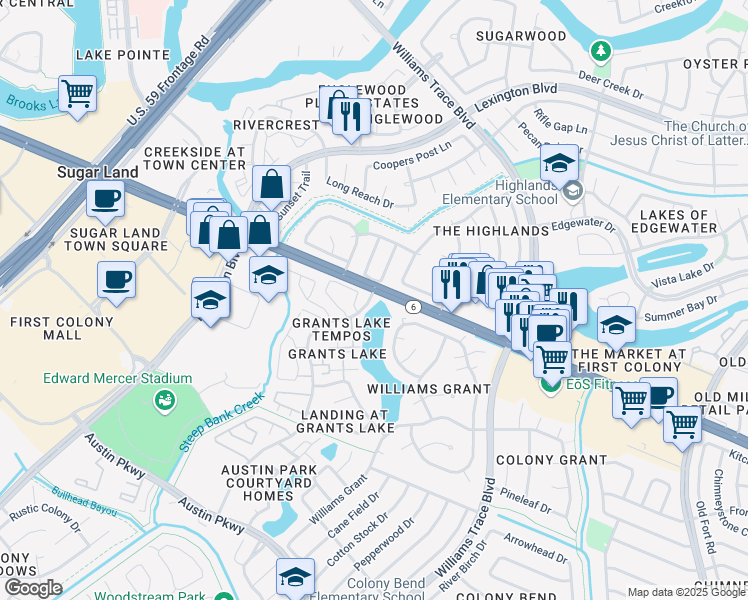 map of restaurants, bars, coffee shops, grocery stores, and more near 2511 Grants Lake Boulevard in Sugar Land