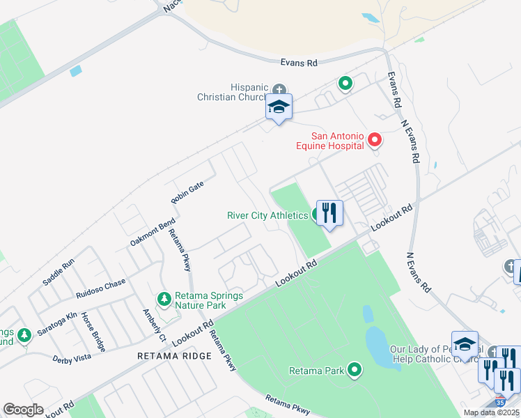 map of restaurants, bars, coffee shops, grocery stores, and more near 16817 Showdown Path in Selma