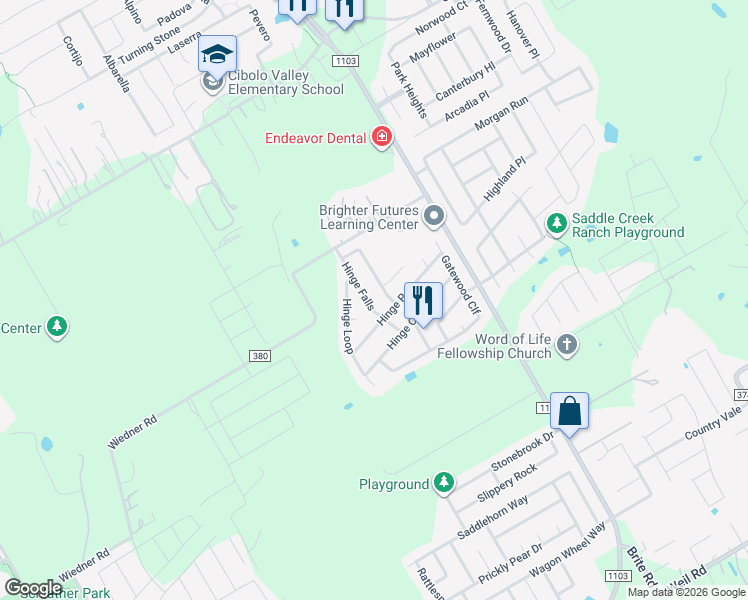 map of restaurants, bars, coffee shops, grocery stores, and more near 401 Gatewood Briar in Cibolo
