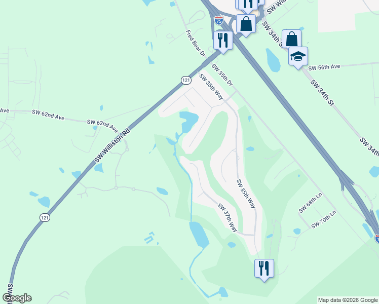 map of restaurants, bars, coffee shops, grocery stores, and more near 6031 Southwest 36th Way in Gainesville