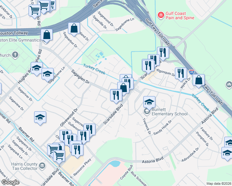 map of restaurants, bars, coffee shops, grocery stores, and more near 11506 Fruitwood Drive in Houston