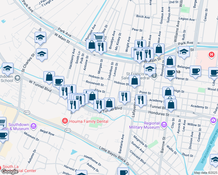 map of restaurants, bars, coffee shops, grocery stores, and more near 423 Columbus St in Houma