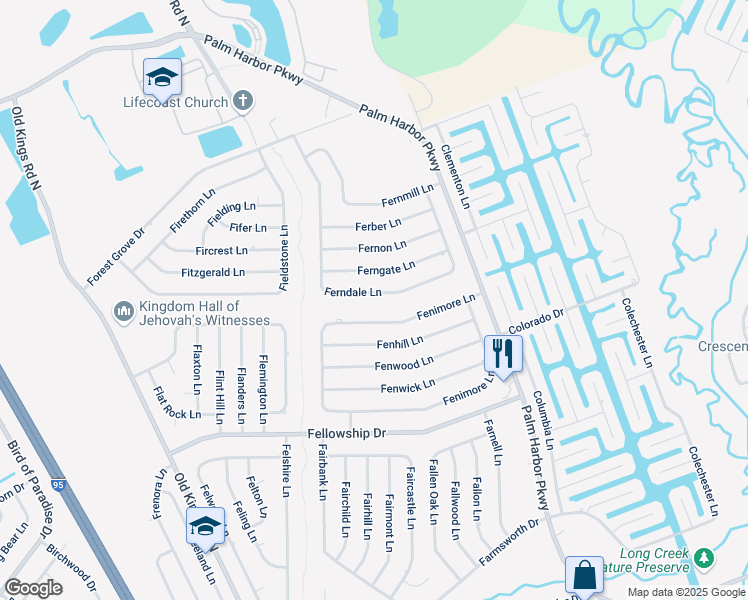 map of restaurants, bars, coffee shops, grocery stores, and more near 78 Ferndale Lane in Palm Coast