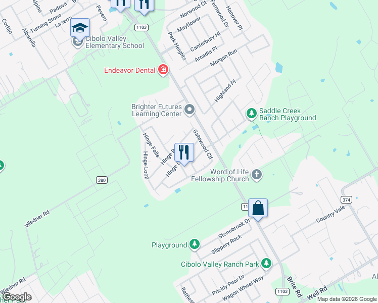 map of restaurants, bars, coffee shops, grocery stores, and more near 132 Hinge Chase in Cibolo