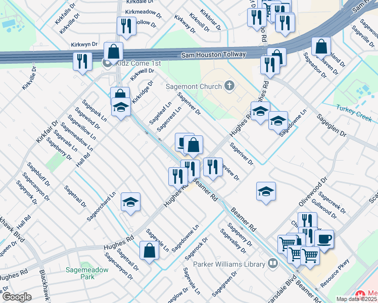 map of restaurants, bars, coffee shops, grocery stores, and more near 12011 Beamer Road in Houston