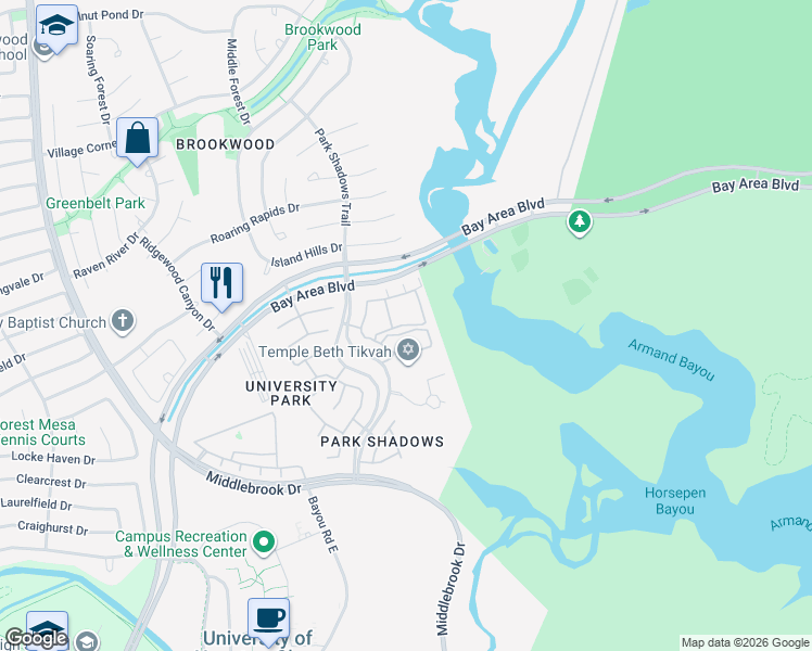 map of restaurants, bars, coffee shops, grocery stores, and more near 4300 Bay Area Boulevard in Houston