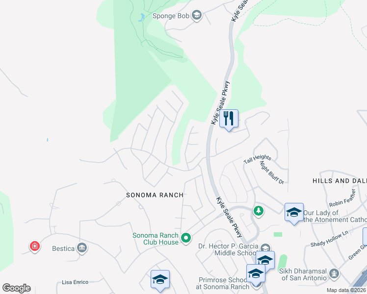 map of restaurants, bars, coffee shops, grocery stores, and more near 15915 Socorro Falls in Helotes