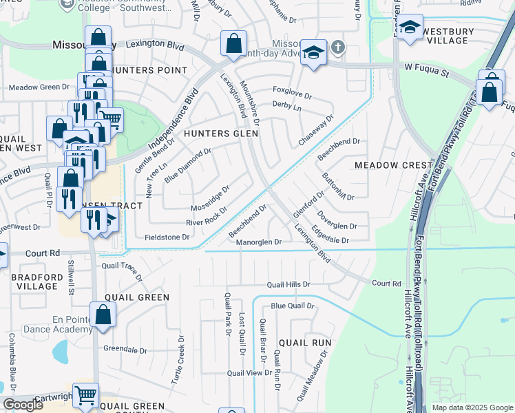 map of restaurants, bars, coffee shops, grocery stores, and more near 1107 Beechbend Drive in Missouri City