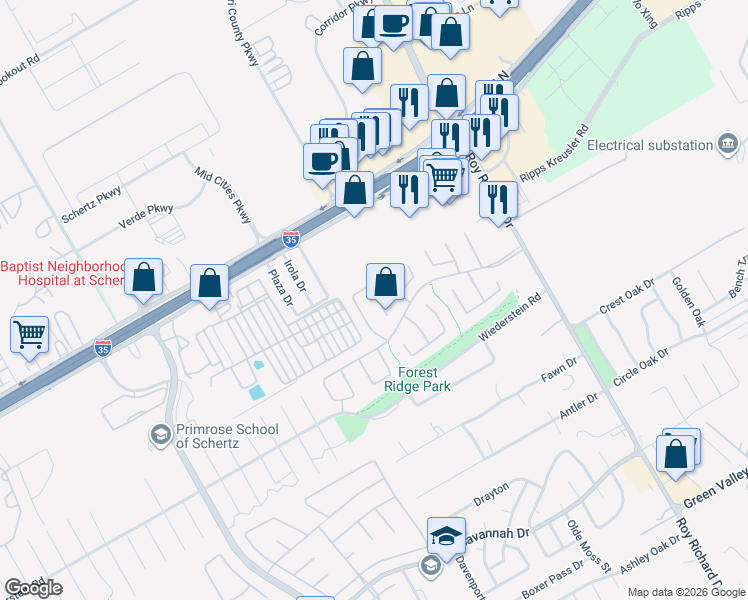 map of restaurants, bars, coffee shops, grocery stores, and more near 4720 Windy Ridge Trail in Schertz