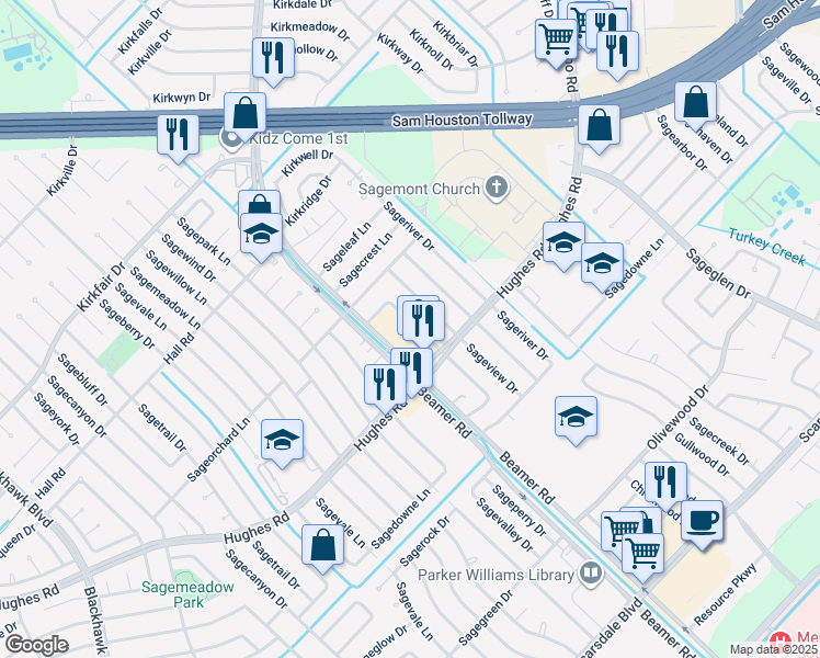 map of restaurants, bars, coffee shops, grocery stores, and more near 12011 Beamer Road in Houston