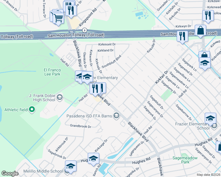 map of restaurants, bars, coffee shops, grocery stores, and more near 10334 Kirkwren Drive in Houston
