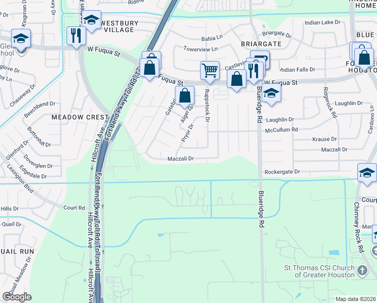 map of restaurants, bars, coffee shops, grocery stores, and more near 7442 Maczali Drive in Missouri City