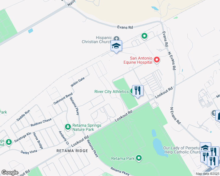 map of restaurants, bars, coffee shops, grocery stores, and more near 16817 Showdown Path in Selma