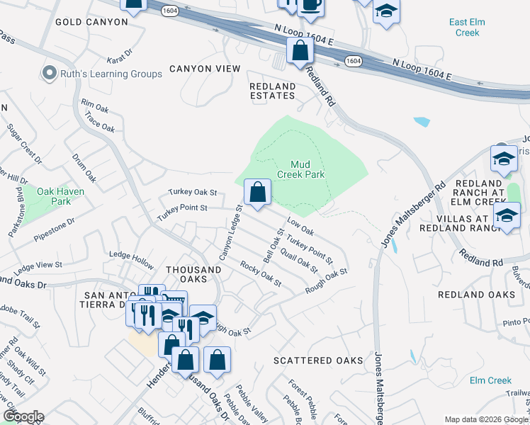 map of restaurants, bars, coffee shops, grocery stores, and more near 2834 Low Oak Street in San Antonio