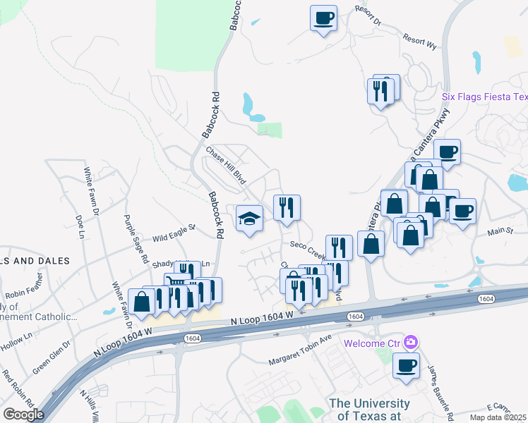 map of restaurants, bars, coffee shops, grocery stores, and more near 15801 Babcock Road in San Antonio