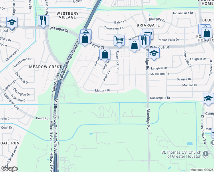 map of restaurants, bars, coffee shops, grocery stores, and more near 7442 Maczali Drive in Missouri City