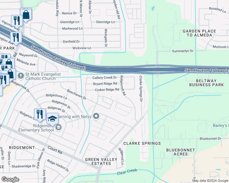 map of restaurants, bars, coffee shops, grocery stores, and more near 4719 Croker Ridge Road in Houston