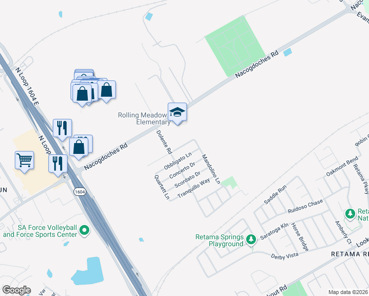 map of restaurants, bars, coffee shops, grocery stores, and more near 7430 Tamburo Trail in San Antonio