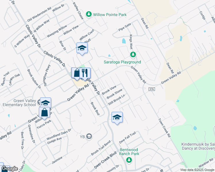 map of restaurants, bars, coffee shops, grocery stores, and more near 112 Running Brook in Cibolo