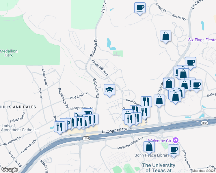 map of restaurants, bars, coffee shops, grocery stores, and more near 15801 Babcock Road in San Antonio