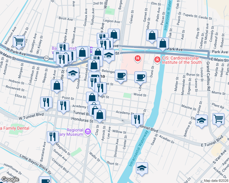 map of restaurants, bars, coffee shops, grocery stores, and more near 840 Wood Street in Houma