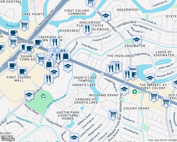 map of restaurants, bars, coffee shops, grocery stores, and more near 2510 Grants Lake Boulevard in Sugar Land