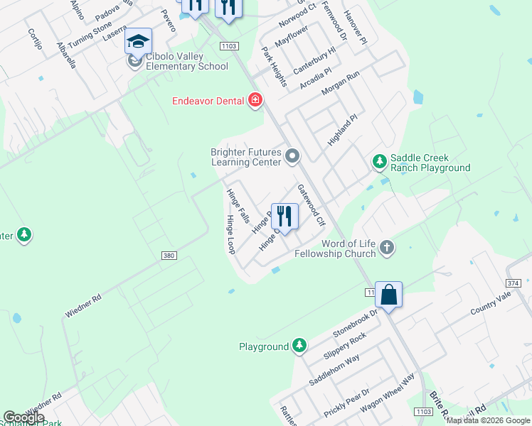 map of restaurants, bars, coffee shops, grocery stores, and more near 401 Gatewood Briar in Cibolo