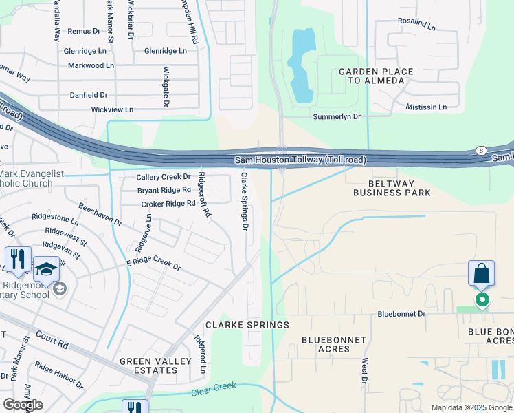 map of restaurants, bars, coffee shops, grocery stores, and more near 15727 Reddy Lane in Houston