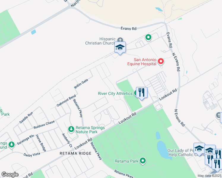 map of restaurants, bars, coffee shops, grocery stores, and more near 16817 Showdown Path in Selma