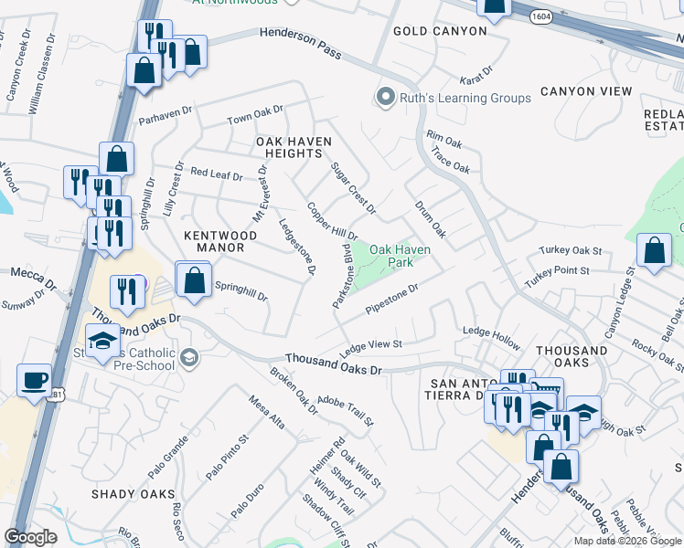 map of restaurants, bars, coffee shops, grocery stores, and more near 2114 Rest Haven Drive in San Antonio