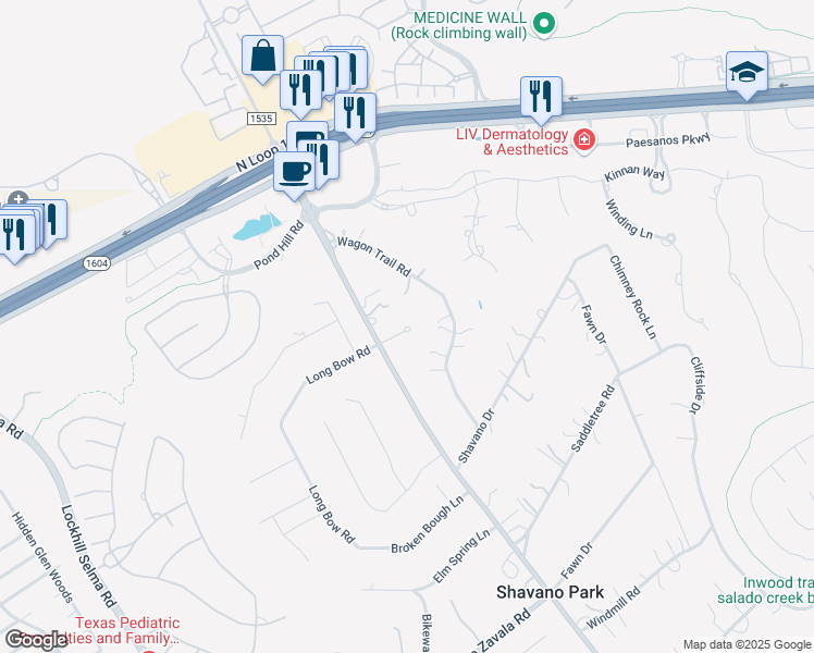 map of restaurants, bars, coffee shops, grocery stores, and more near 102 End Gate Lane in Shavano Park