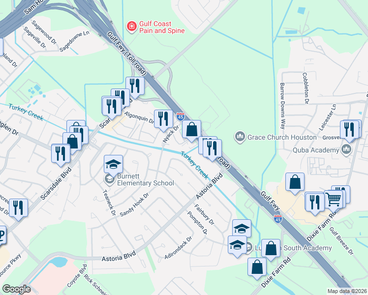 map of restaurants, bars, coffee shops, grocery stores, and more near 14170 Gulf Freeway in Houston