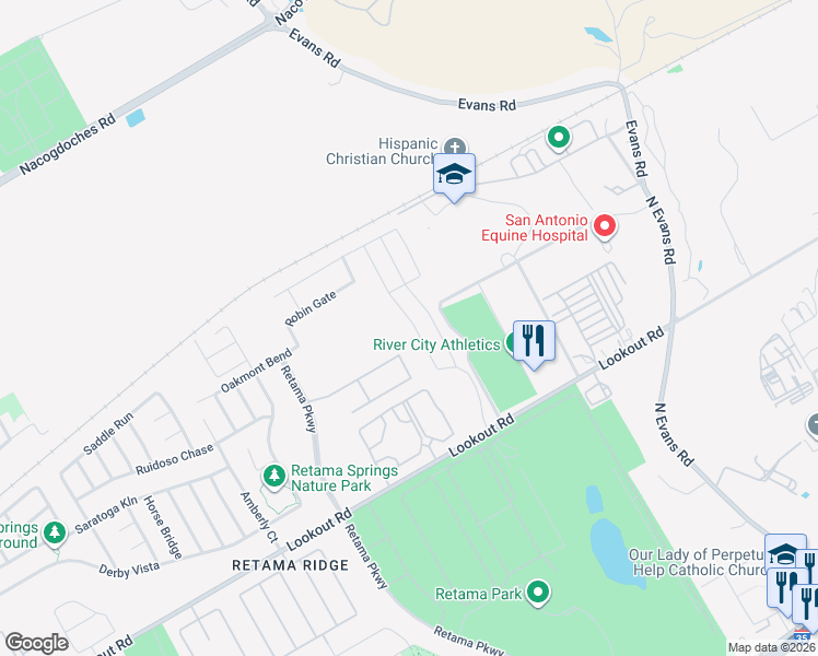 map of restaurants, bars, coffee shops, grocery stores, and more near 16825 Showdown Path in Selma