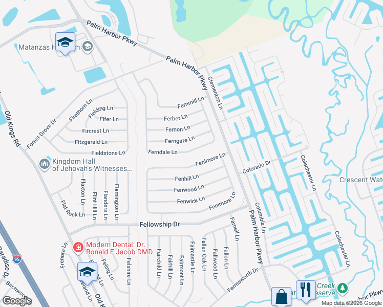 map of restaurants, bars, coffee shops, grocery stores, and more near 20 Fenimore Lane in Palm Coast