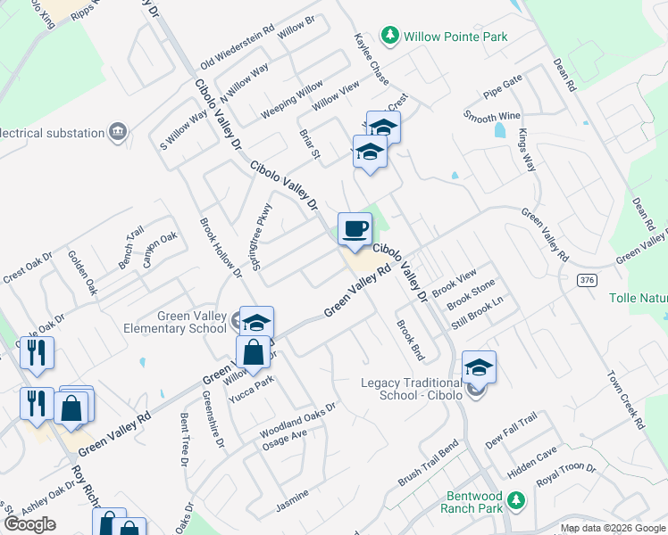 map of restaurants, bars, coffee shops, grocery stores, and more near 129 Springtree Grove in Cibolo