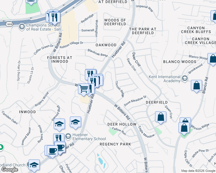 map of restaurants, bars, coffee shops, grocery stores, and more near 16650 Huebner Road in San Antonio