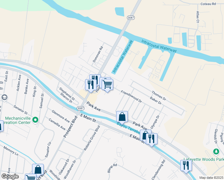 map of restaurants, bars, coffee shops, grocery stores, and more near 3600-3606 Friendswood Drive in Houma