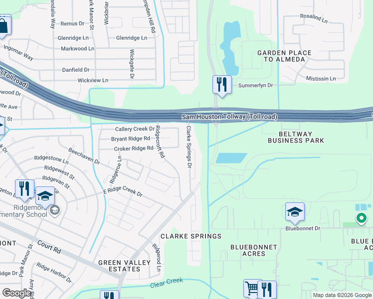 map of restaurants, bars, coffee shops, grocery stores, and more near 15786 Clarke Springs Drive in Houston