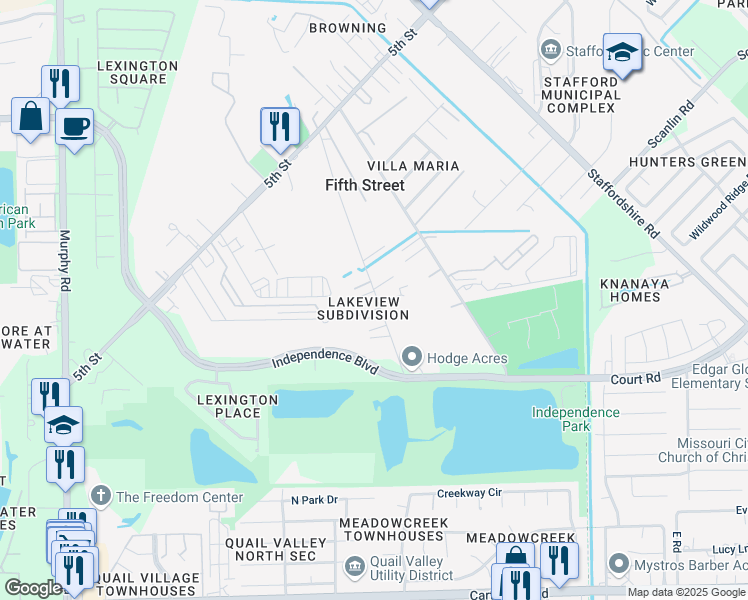 map of restaurants, bars, coffee shops, grocery stores, and more near 1722 Packer Lane in Stafford