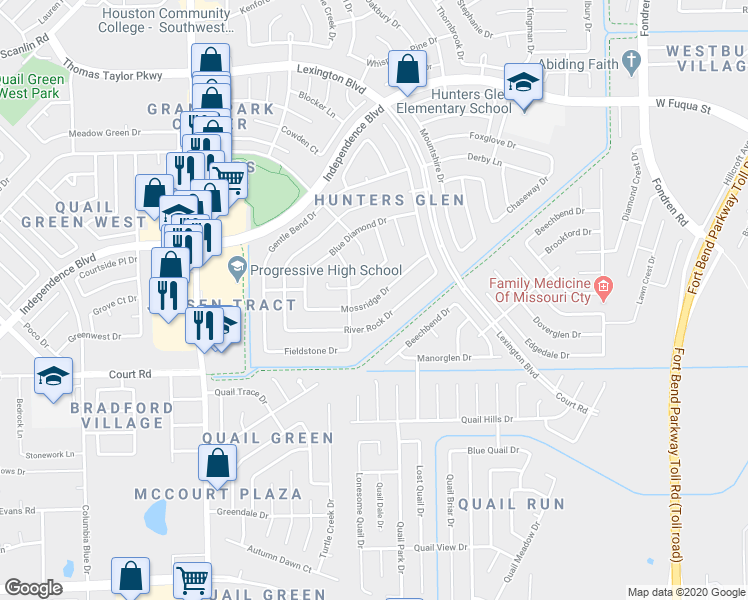 map of restaurants, bars, coffee shops, grocery stores, and more near 1222 Mossridge Drive in Missouri City