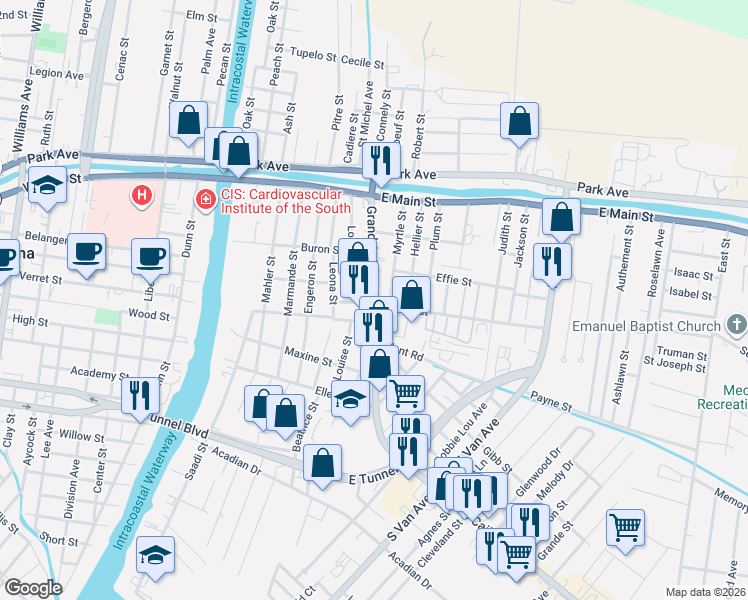map of restaurants, bars, coffee shops, grocery stores, and more near 313 Grand Caillou Road in Houma