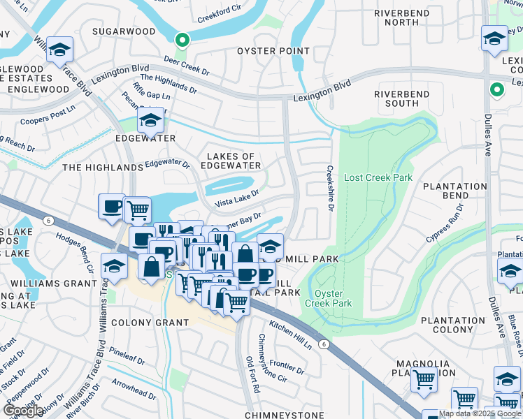 map of restaurants, bars, coffee shops, grocery stores, and more near 3410 Summer Bay Drive in Sugar Land
